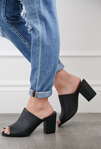 Faux Leather Peep-Toe Mules