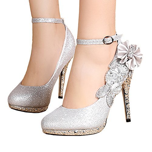 Getmorebeauty Women's Glitter Silver Lace Flower Sequins Strappy Closed Toes