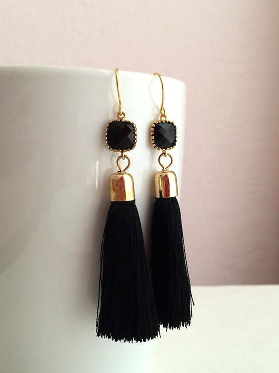Gold Black Tassel Earrings