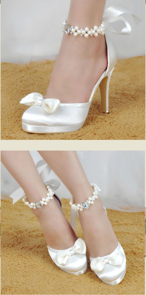 Ivory Close Toe Pearl Bow Ribbon High Heel Satin Bridal shoes