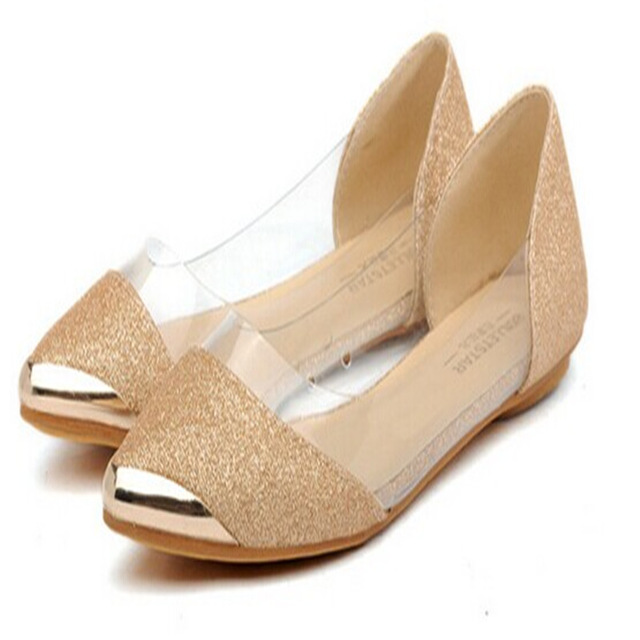 Lady Metal Pointed Toe Nude Shoes Ballet Flat Shoes Transparent Shiny Closed Foothold