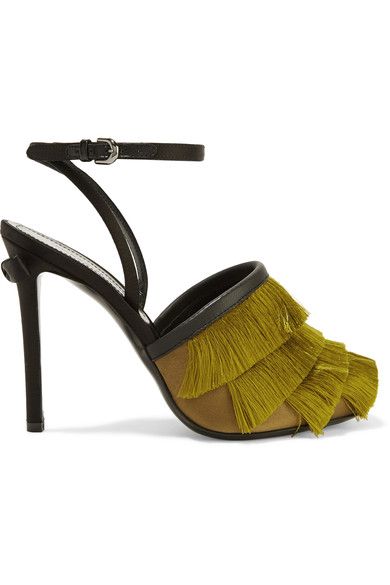 Leather-trimmed fringed satin sandals.