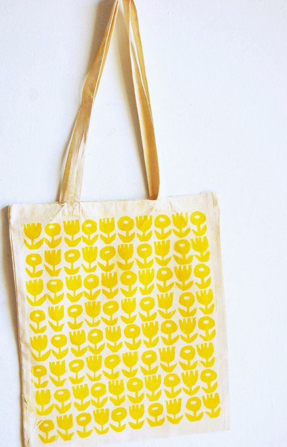 Retro flowers hand stamped cotton canvas tote bag