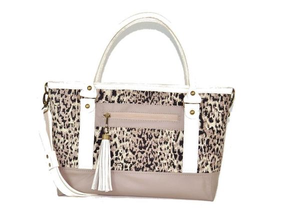 Two Tone Leather and Cheetah Chenille Tapestry Zipper Tote