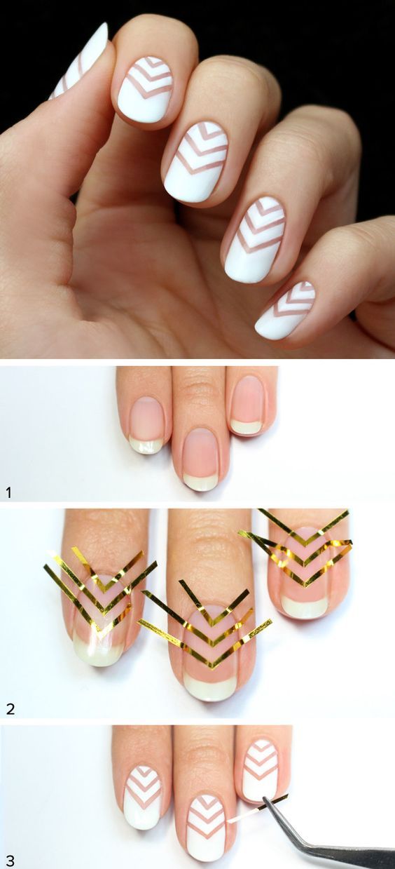 White and nude chevron nails tutorials