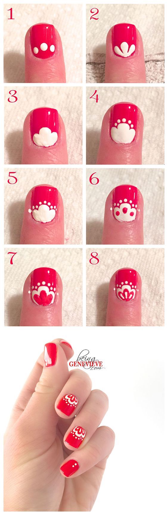 White and pink oriental lace nails art tutorials