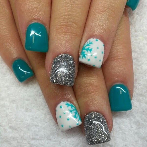 #Christmas #Nail #Art Aqua Blue Nails With Snowflakes And Silver Glitter