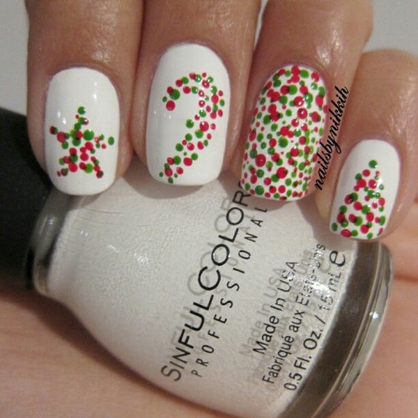 #Christmas #Nail #Art Dotted Star And Candycane Christmas Nail