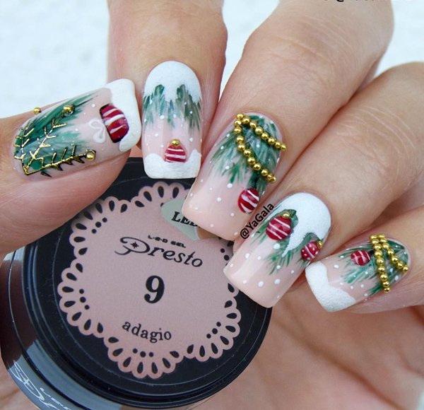 #Christmas #Nail #Art Festive Christmas Nail Art With Gold Beads Details