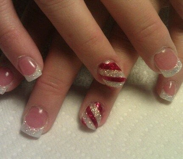 #Christmas #Nail #Art Pearl Base With Red Stripes Festive Christmas Acrylic Nail Design