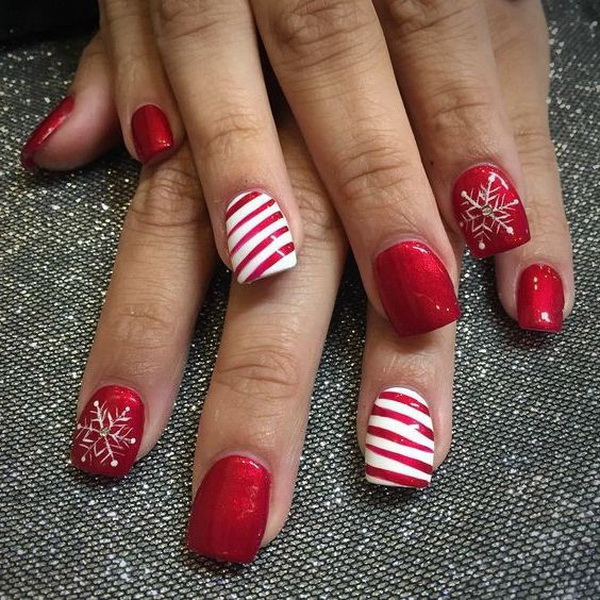 #Christmas #Nail #Art Red And White Stripped Nail Art With Snowflakes