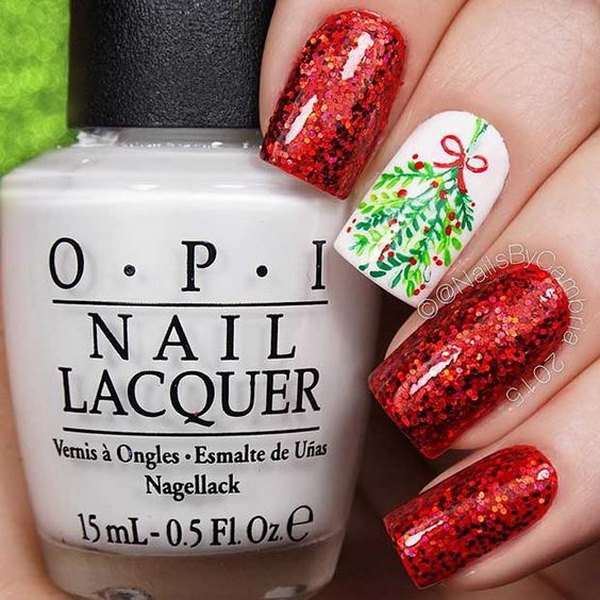 #Christmas #Nail #Art Red Glitter Nails + Mistletoe Accent Nail
