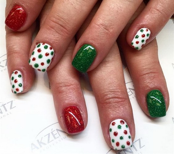 #Christmas #Nail #Art Red, Green & Gold Nail Art For Christmas