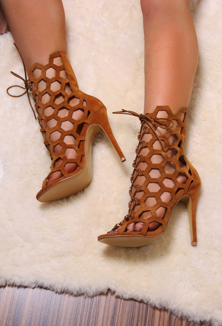 Bella Tan Cut Out Lace Up Heels