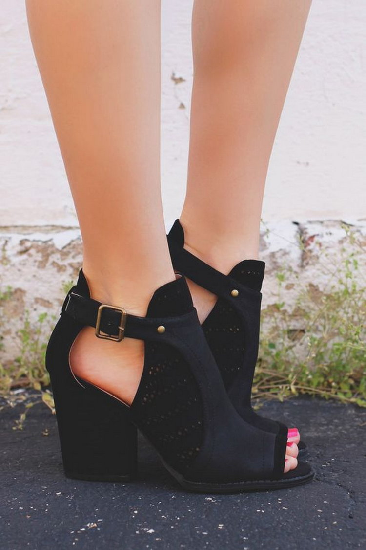 Black Perforated Detail Peep Toe Booties Barnes