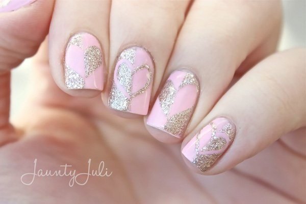 Gold Glitter Hearts & Pink Base Nail Design