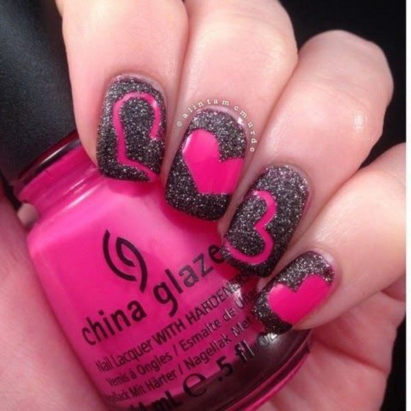 Hot Pink And Black Valentine Nails With Heart Accent