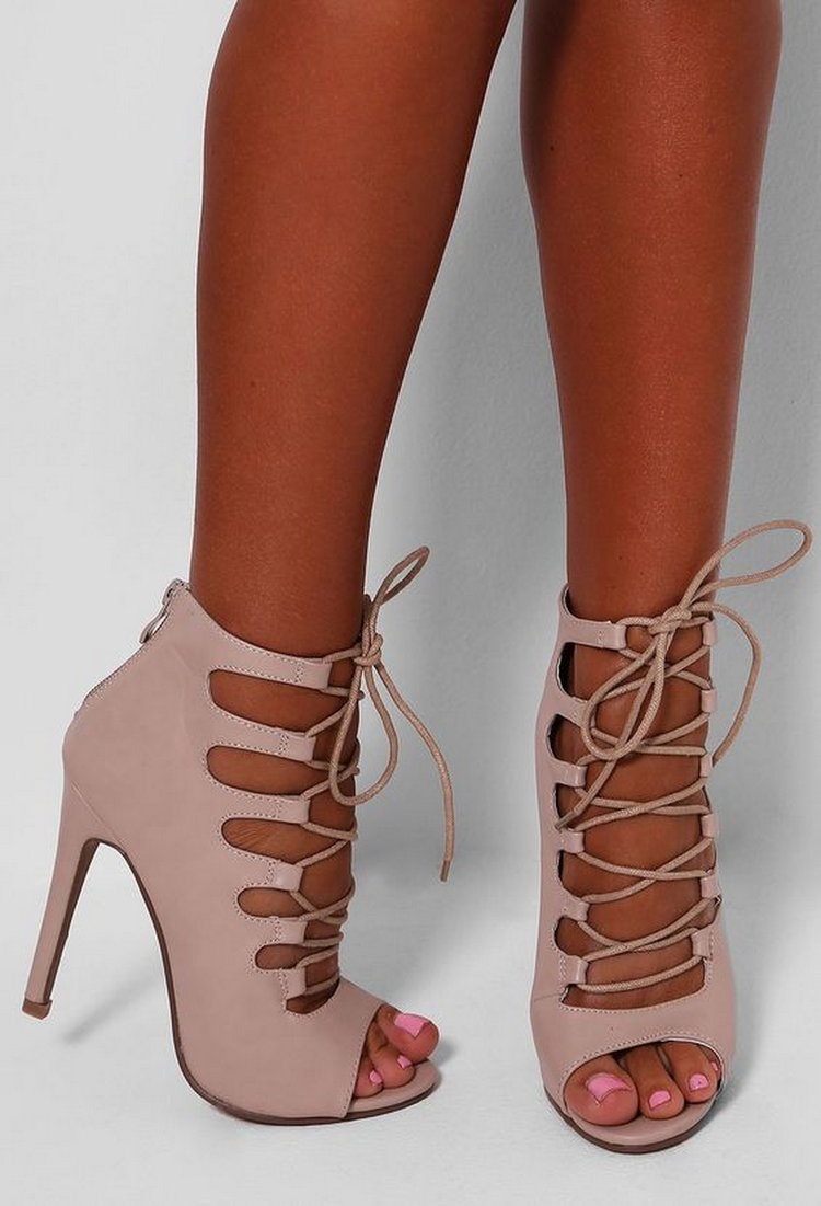 Monique Nude Leatherette Lace Up Heels