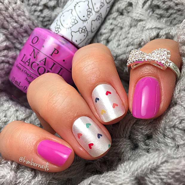 PINK & SILVER NAILS + COLORFUL HEARTS