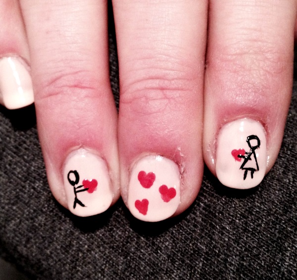 Romantic Boy and Girl Holding Hearts Nail Design