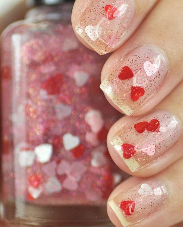 Smitten Red And Pink Heart Glitter Nails