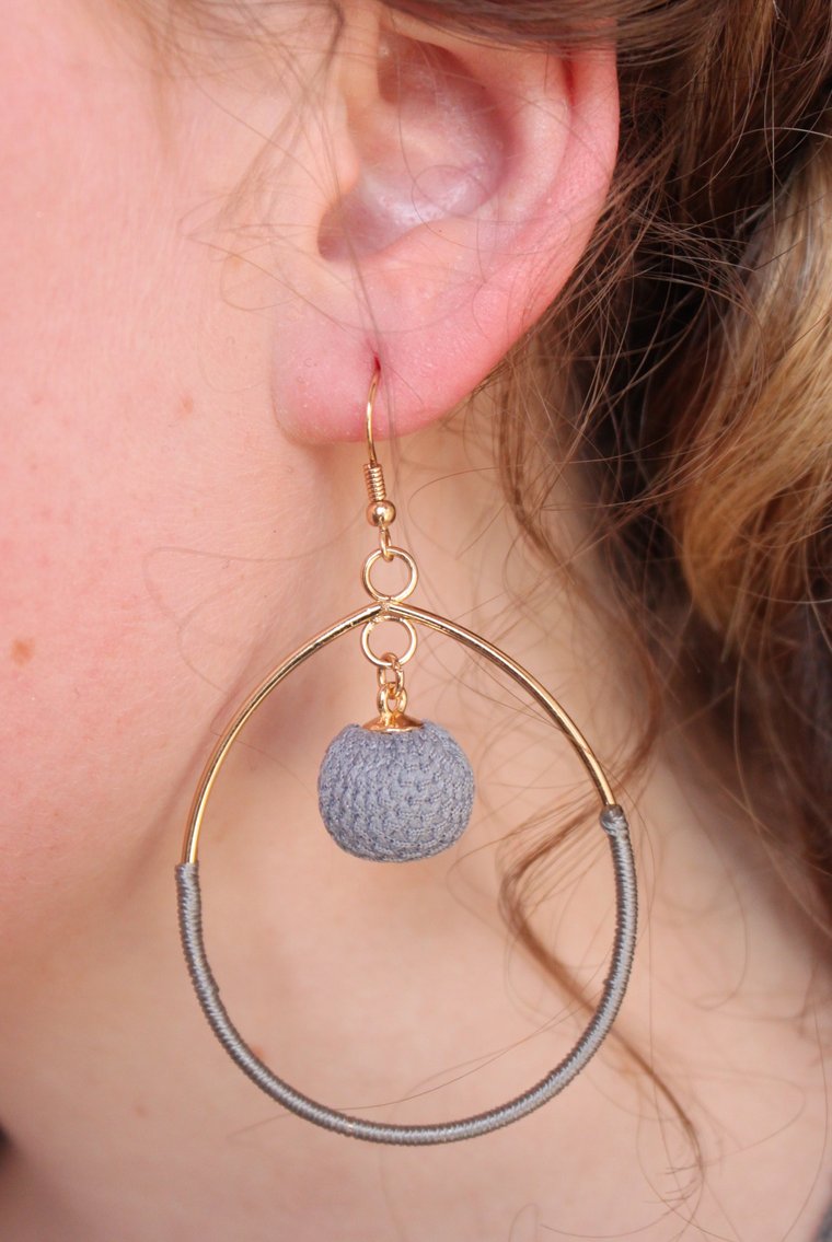 Daza Thread Wrapped Hoop And Small Pom Earring-Gray