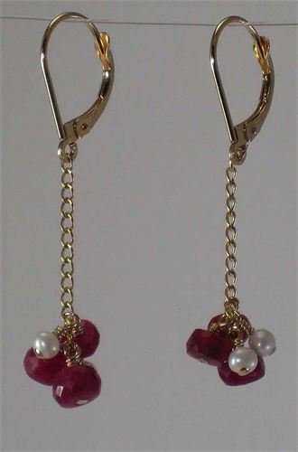 Faceted ruby beads highlighted with white fresh water pearls, g.f. chain & lever back earrings