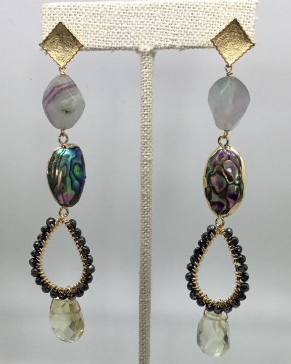 Flourite, Abalone, Quartz and Crystal Drop Earrings