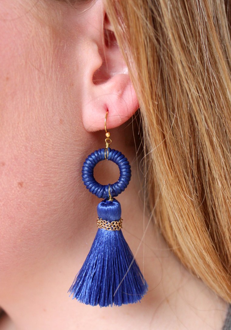 Foco Rope Wrapped Open Circle With Thread Tassel Drop Earring-Royal Blue
