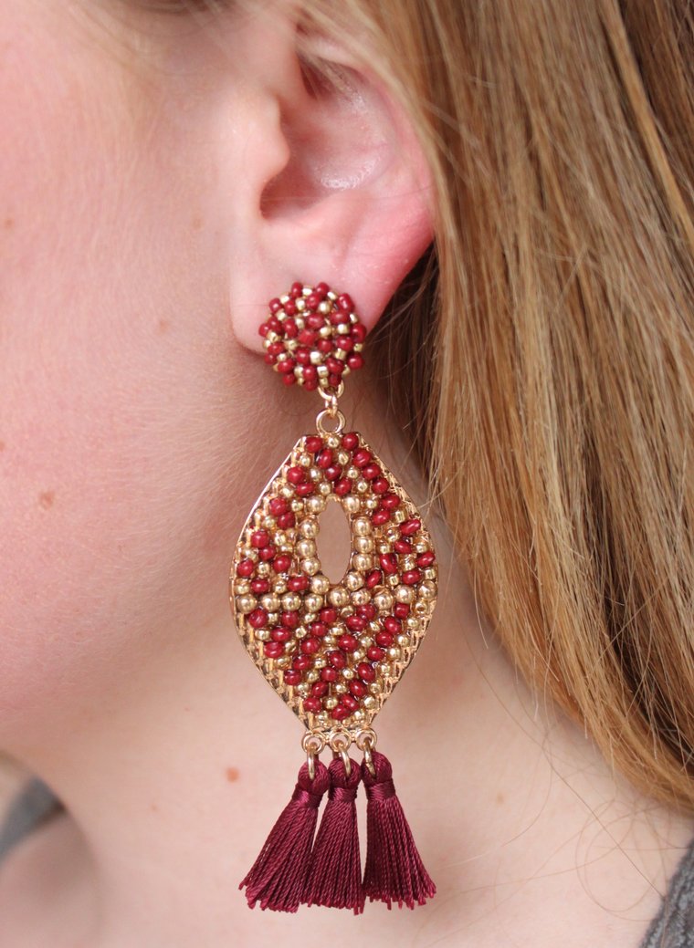 Grigson Structured Seed Bead Post Earrings With Three Tassels-Garnet