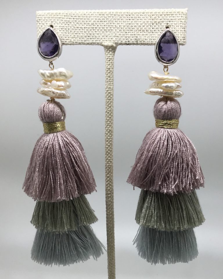 Pearl and Lavender Glass Tassel Earrings.