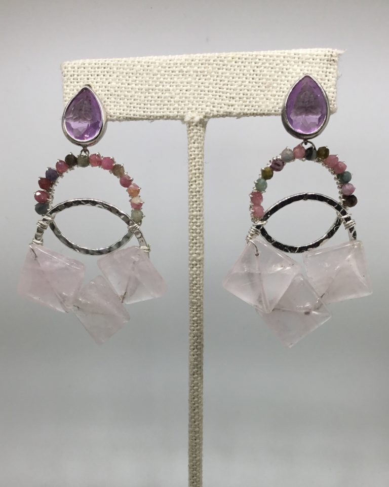 Watermelon Tourmaline, Dusty Rose Glass and Rose Quartz Earrings