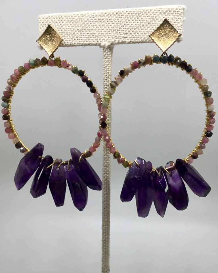 Watermelon Tourmeline and Amethyst Hoop Earrings