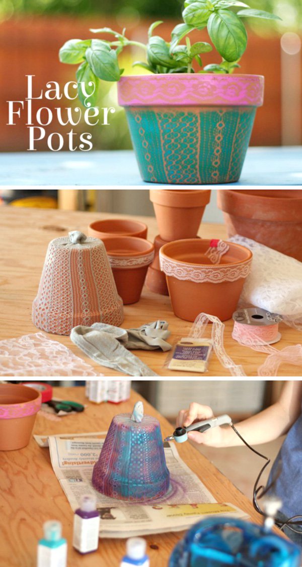 DIY Airbrushed Lacy Flower Pots