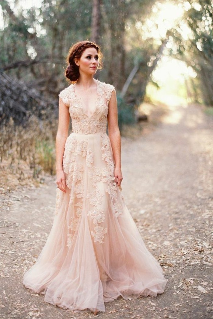 #Champagne #Wedding #Dresses Fairy model with lace champagne bride dress