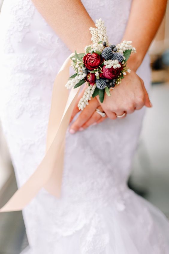 Florals, Red, Green, Blue, Wrist Corsage