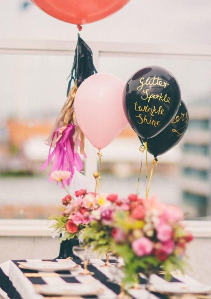 Glitter Print Balloons with Tassels, Tablecloth, and Vases