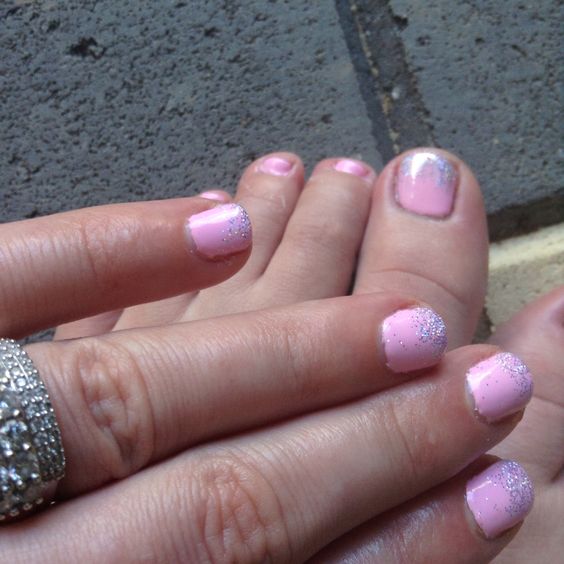 Matching nails and toenails, baby pink with silver glitter