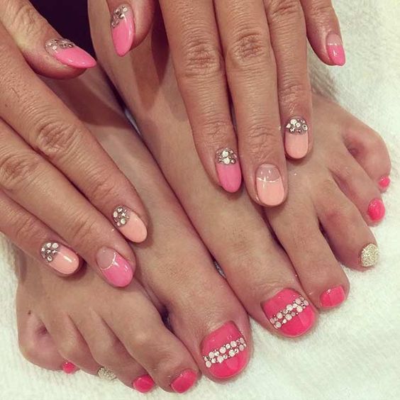 Pink Pedicure with Rhinestones