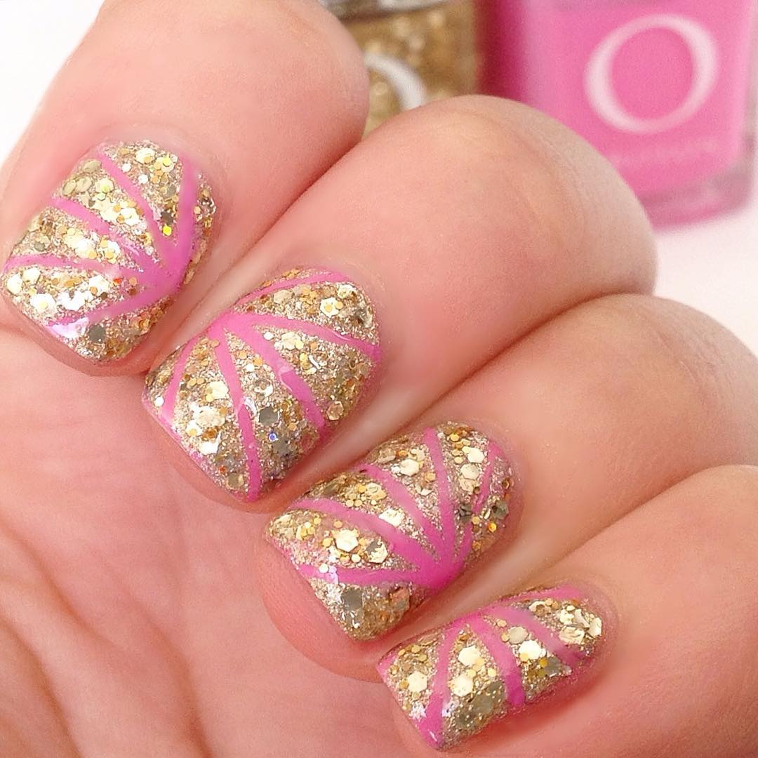 Pink and Golden Glitter Nail Art Design