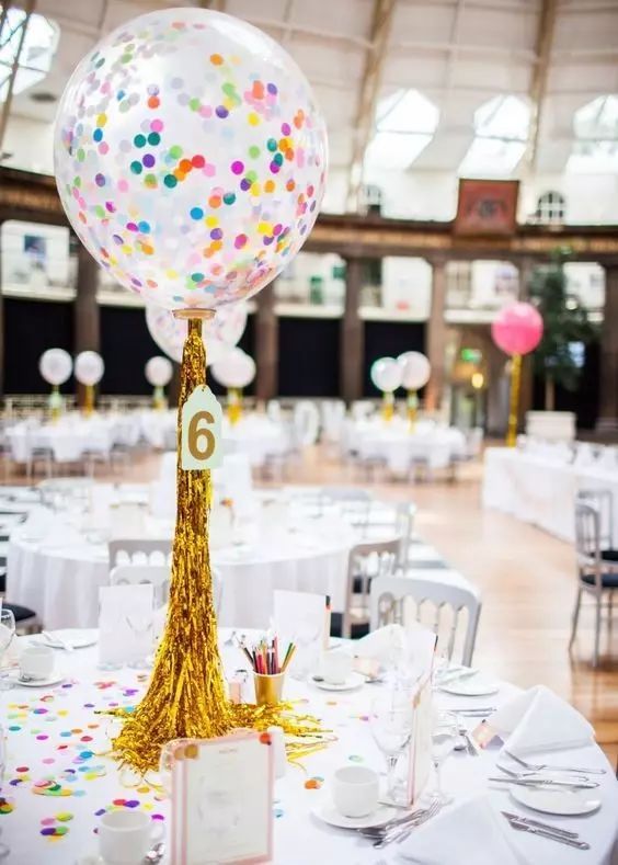 #Wedding #Decoration #Balloons Transparent balloons with colored paper inside can be used as the centerpiece of the banquet table