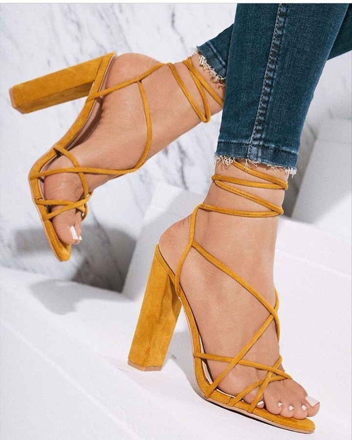 Women's mustard lace up block heels sandals