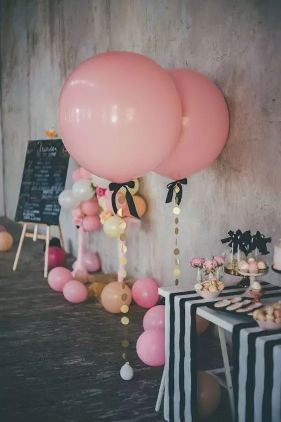 #Wedding #Decoration #Balloons large pink balloons and gold sequins and black bow to decorate the dessert area