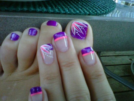 purple with pink and white highlights flower manicure pedicure