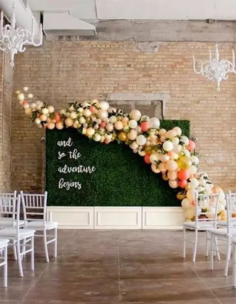 #Wedding #Decoration #Balloons the ecological background wall with colorful balloons composed of curved ornaments, an awesome wedding background wall to complete it!