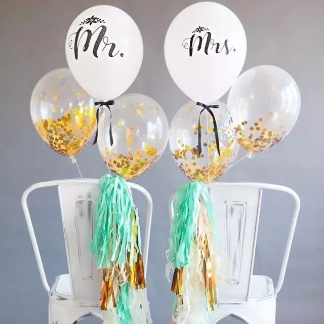 #Wedding #Decoration #Balloons white balloons and transparent balloons with glittery paper inside can decorate wedding chairs well