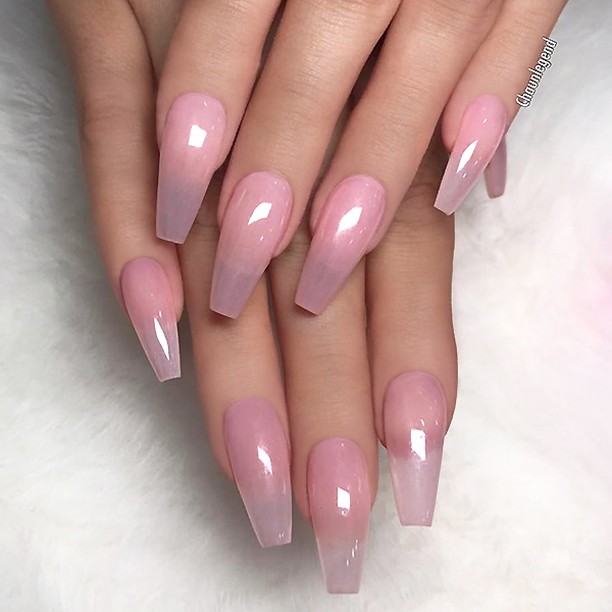 Sheer Pink on long Coffin Nails. Pic by theglitternail