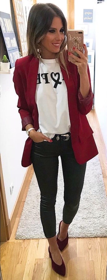 Women's red blazer.