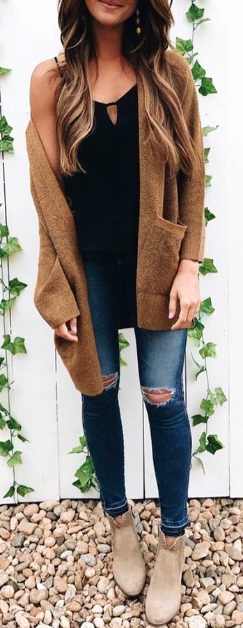 brown cardigan.