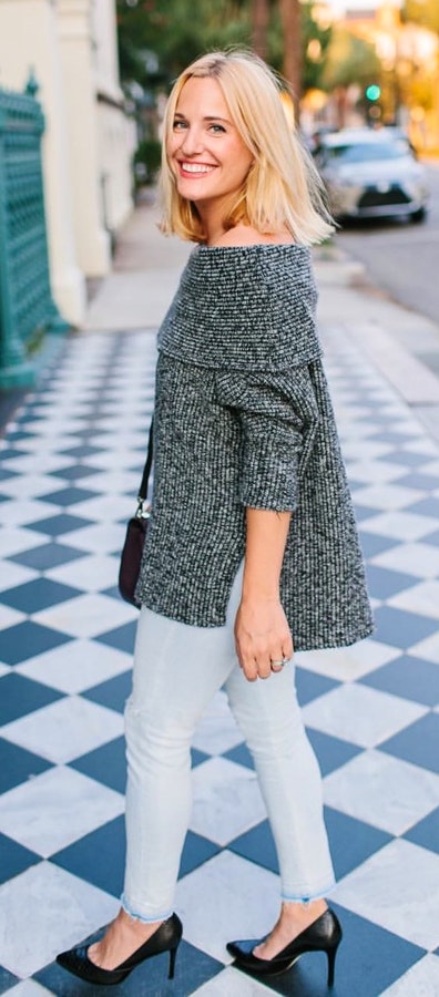 women's grey and black off-shoulder sweater.